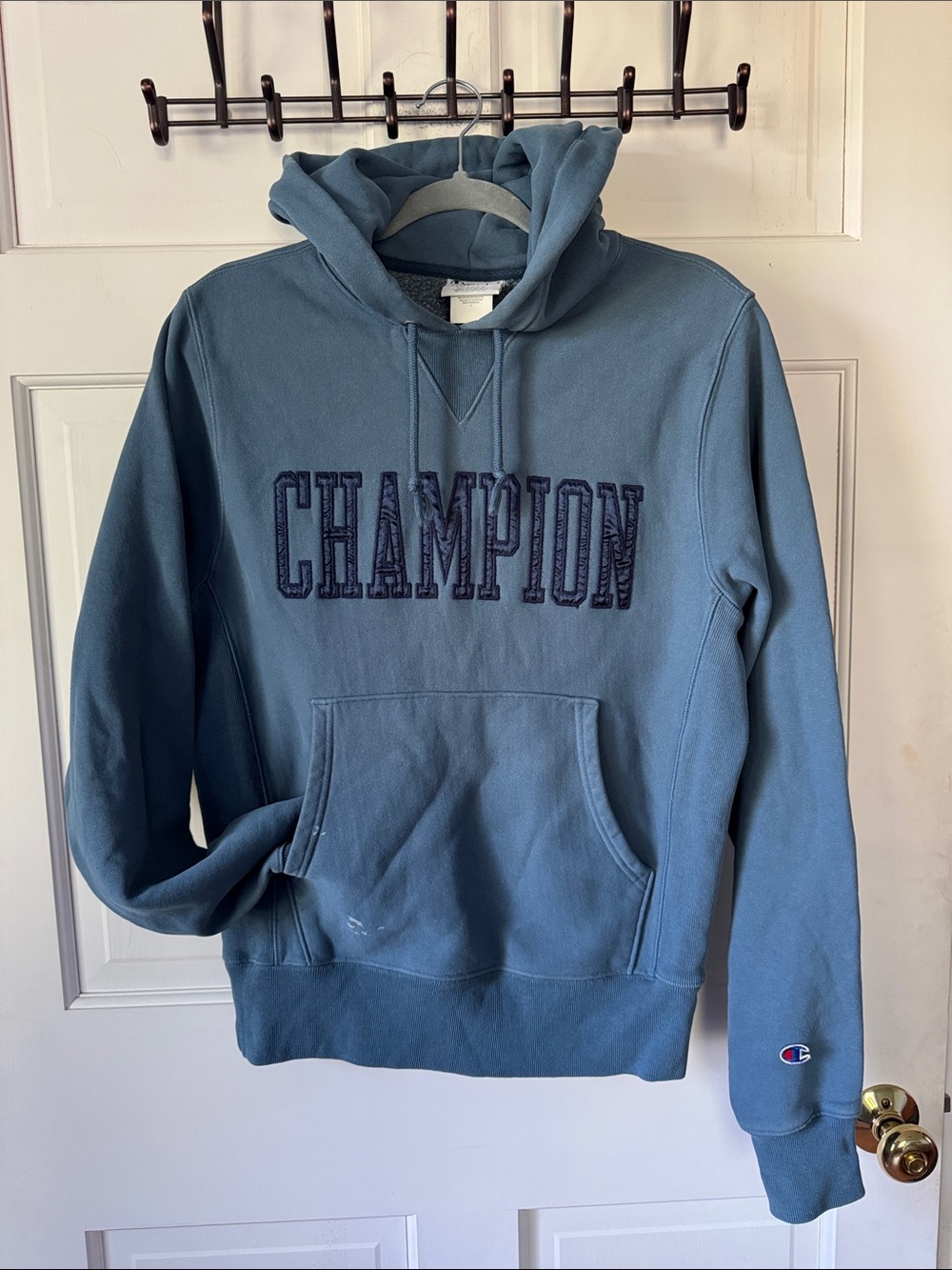 Champion Slate Blue Pullover Hoodie with Embroidered Logo